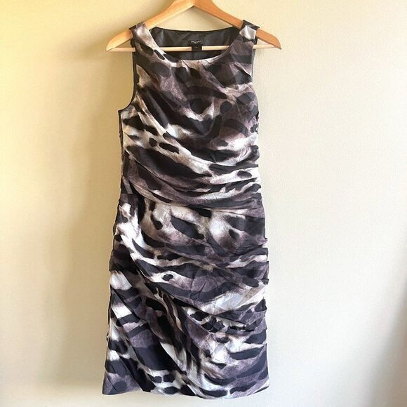 Ann Taylor Spotted Cheetah Print Ruched Draped Sheath Dress Size 6 Black Lined - Picture 2 of 9